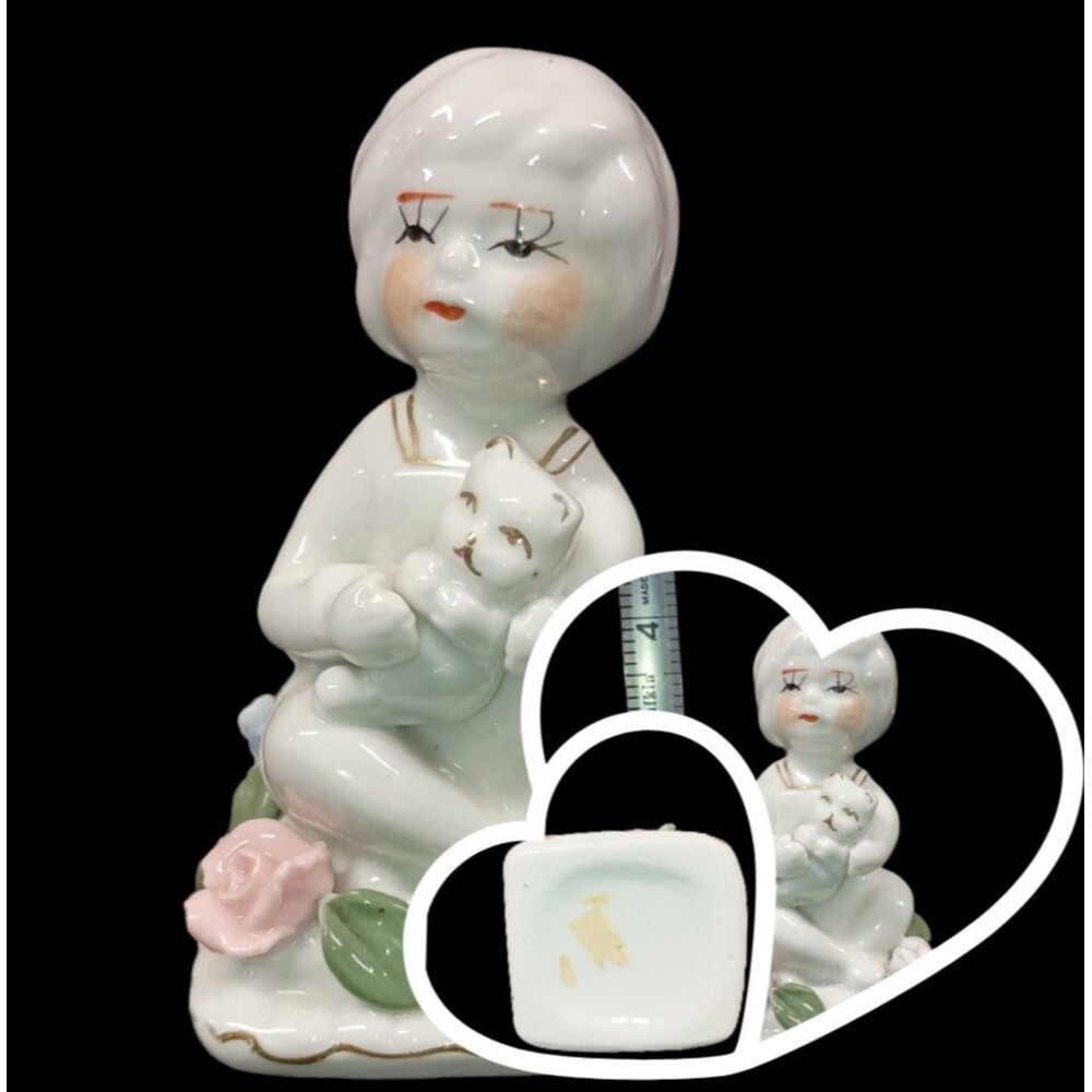 Vintage White porcelain Girl On Pillow Flowers Holding Kitten Cat Gold Trim 4”